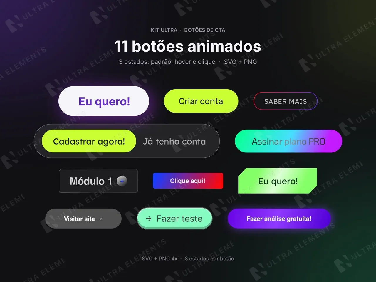 Botões animados para Figma — 11 estilos com hover e clique — imagem 1 de 4