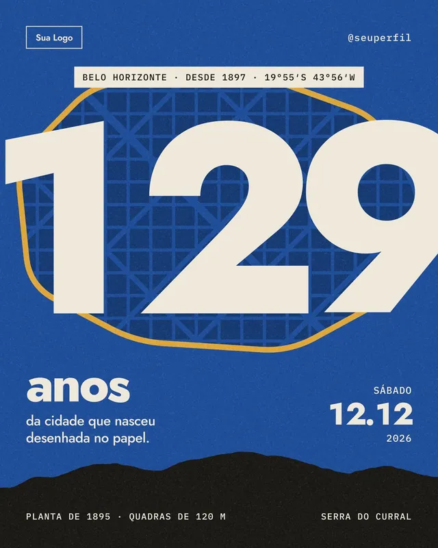 Post e story Aniversário de Belo Horizonte 129 anos: '129' sobre a malha da planta de 1895 e a Contorno