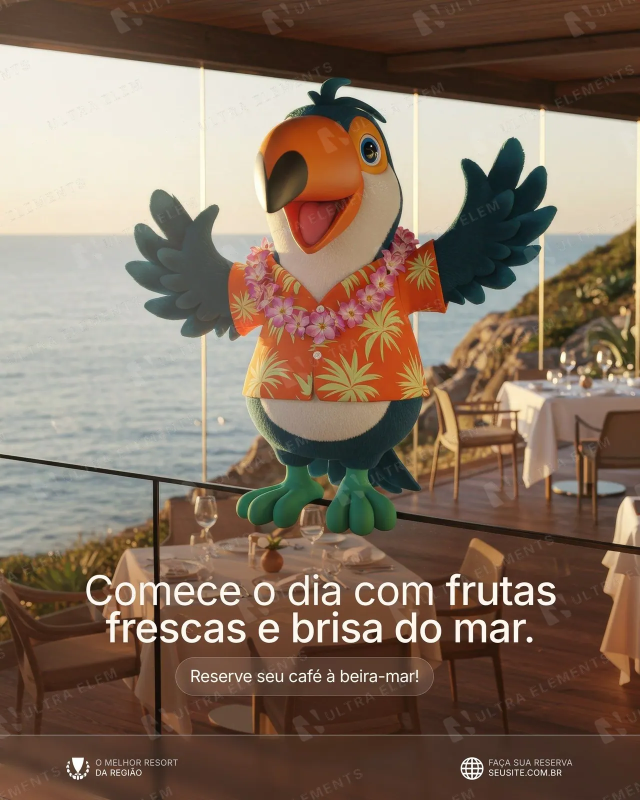 Post resort com mascote tucano 3D: café da manhã com vista para o mar (feed)