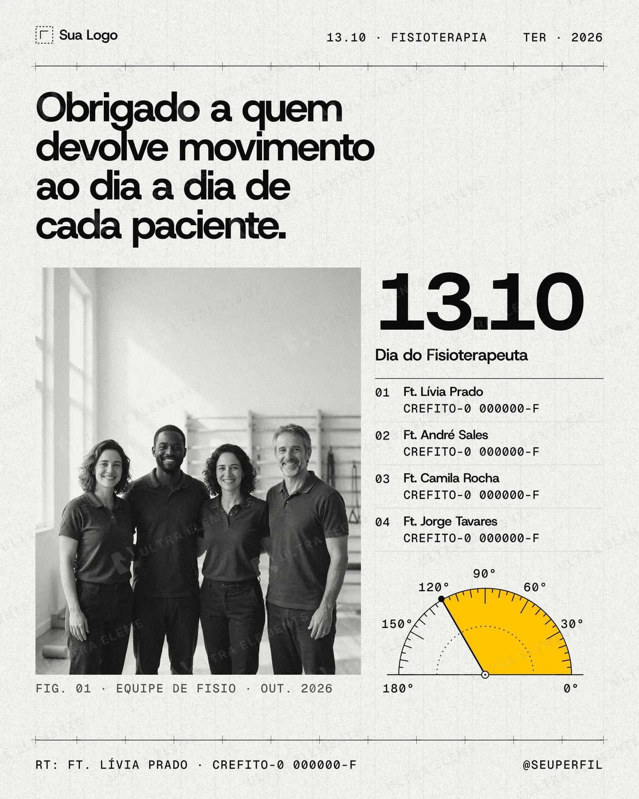 Post Dia do Fisioterapeuta 13/10: foto da equipe, CREFITO e goniômetro (feed e story) — imagem 1 de 4