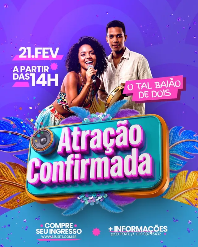 Post Carnaval Atração Confirmada: dupla de baião com pandeiro e selo 3D turquesa no fundo roxo (feed)