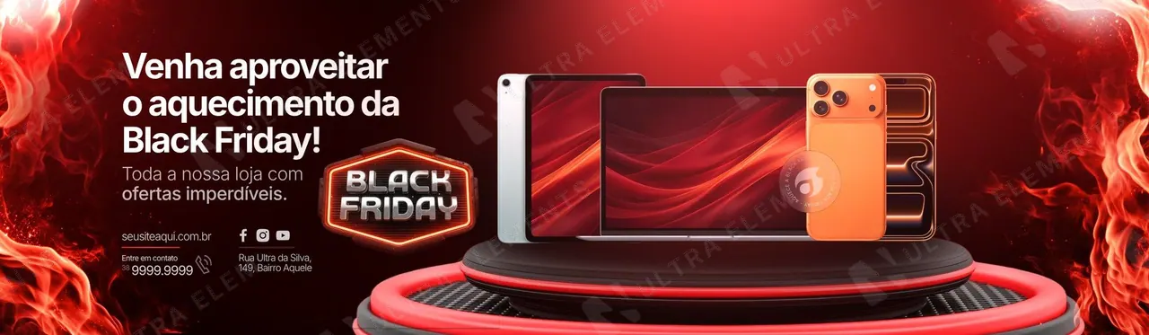 Banner Esquenta Black Friday: eletrônicos em pedestal vermelho (site)