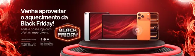Banner Esquenta Black Friday: eletrônicos em pedestal vermelho (site)