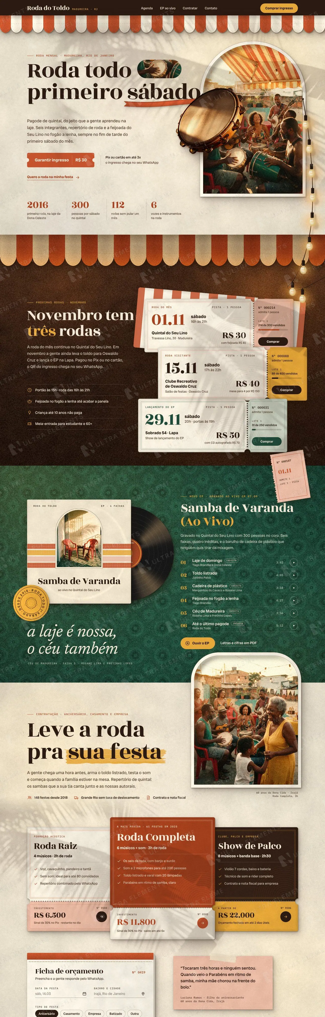 Landing page para grupo de pagode com agenda de rodas, ingressos, EP ao vivo e pacotes de contratação (desktop e mobile) — imagem 1 de 7