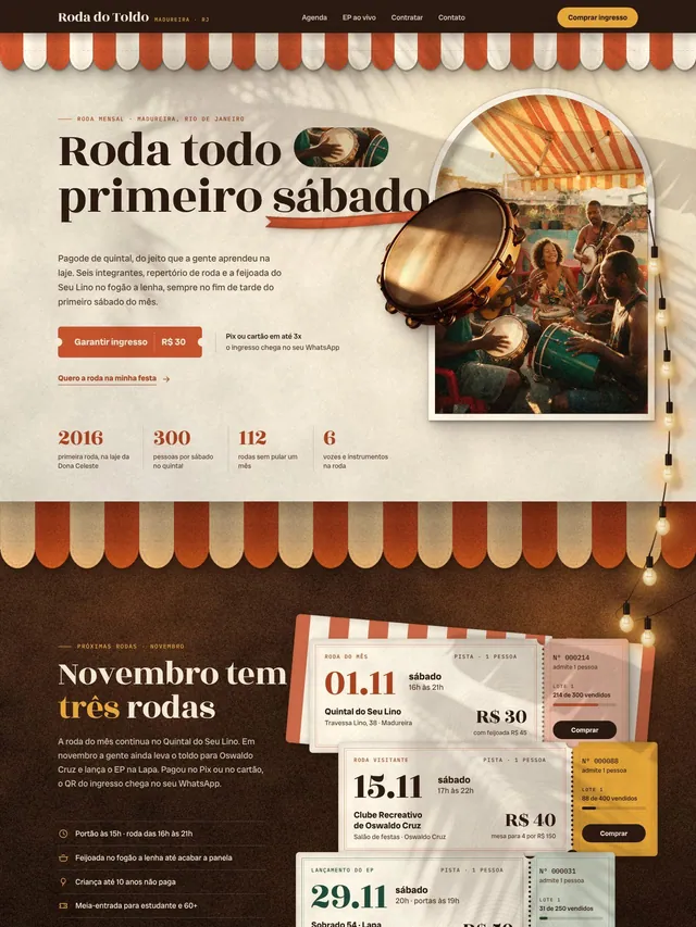 Landing page para grupo de pagode com agenda de rodas, ingressos, EP ao vivo e pacotes de contratação (desktop e mobile)