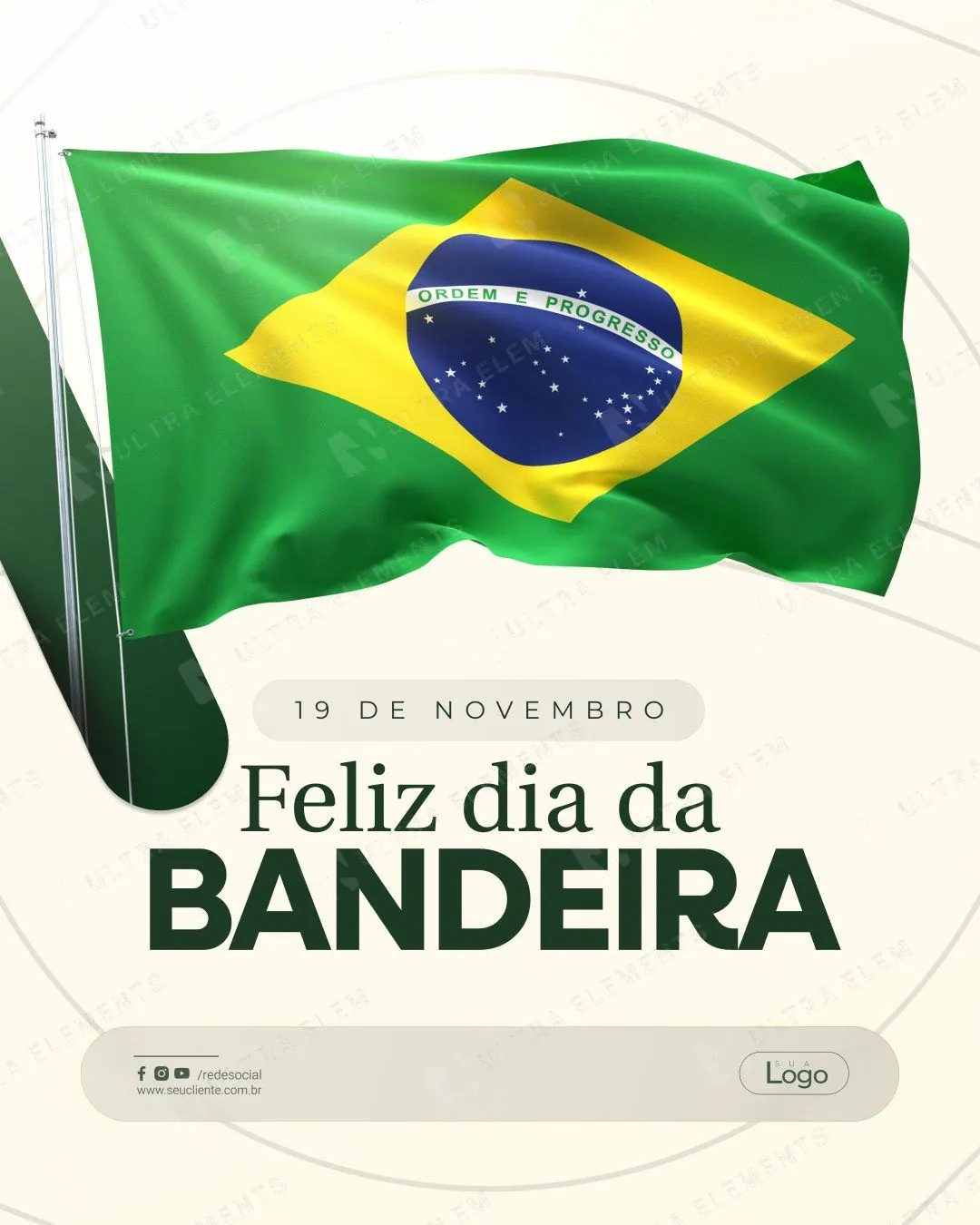 Post Dia da Bandeira: bandeira tremulando em fundo creme (feed)