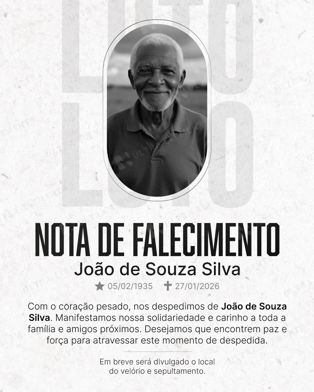 Post Nota de Falecimento: foto oval e título condensado em fundo claro (feed + story) — imagem 1 de 2