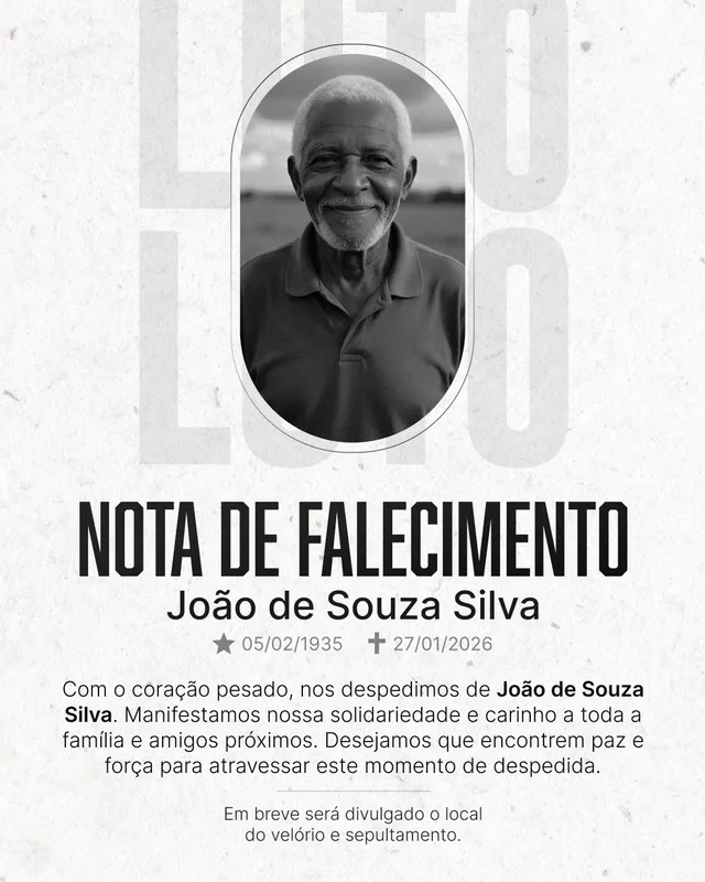 Post Nota de Falecimento: foto oval e título condensado em fundo claro (feed + story)