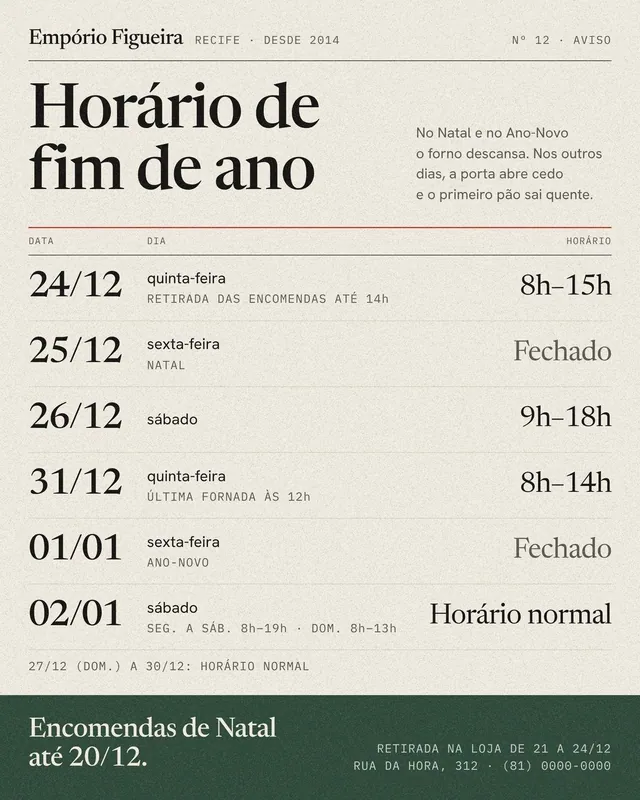 Post e story Horário de fim de ano: tabela de Natal e Ano-Novo