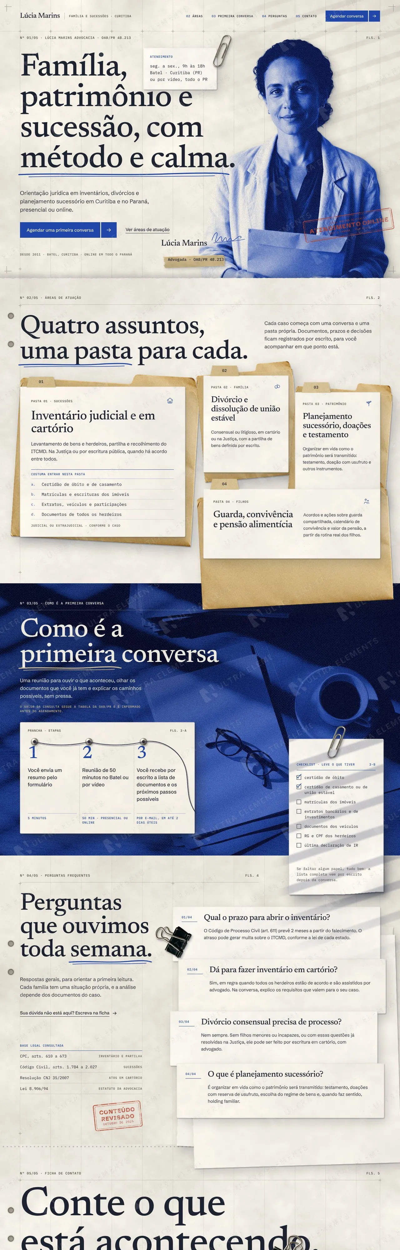 Landing page para advogada de família e sucessões com áreas de atuação, FAQ e ficha de contato (desktop e mobile) — imagem 1 de 7