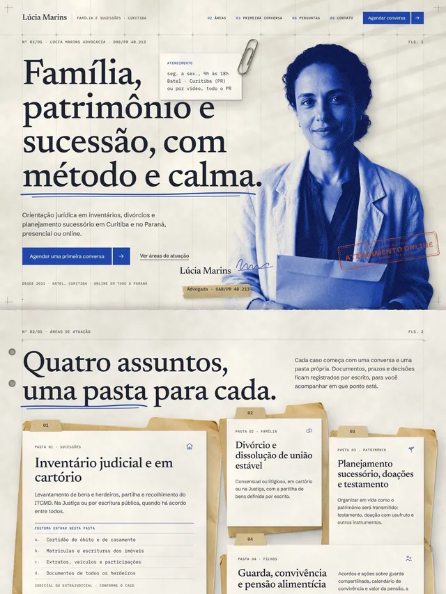 Landing page para advogada de família e sucessões com áreas de atuação, FAQ e ficha de contato (desktop e mobile)
