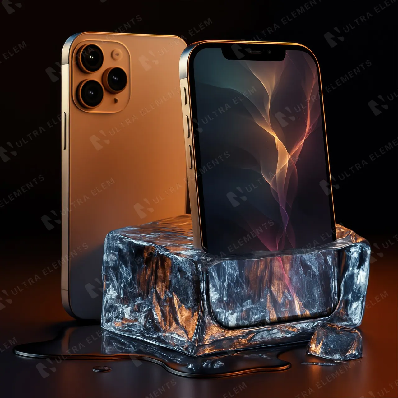 Mockup de iPhone sobre bloco de gelo com outro iPhone ao fundo – cena escura em tom cobre — imagem 1 de 3