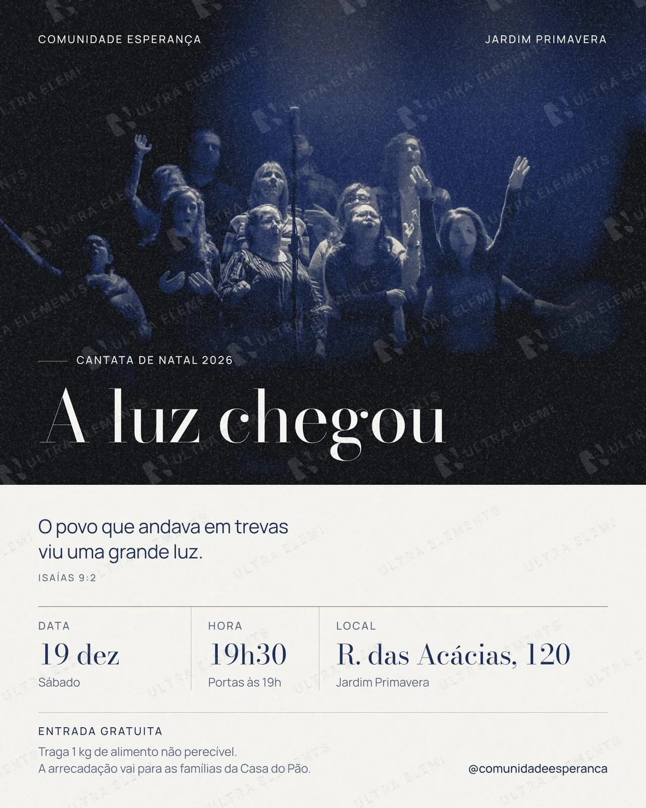 Post e story Cantata de Natal: coral em duotone azul e "A luz chegou" — imagem 1 de 2