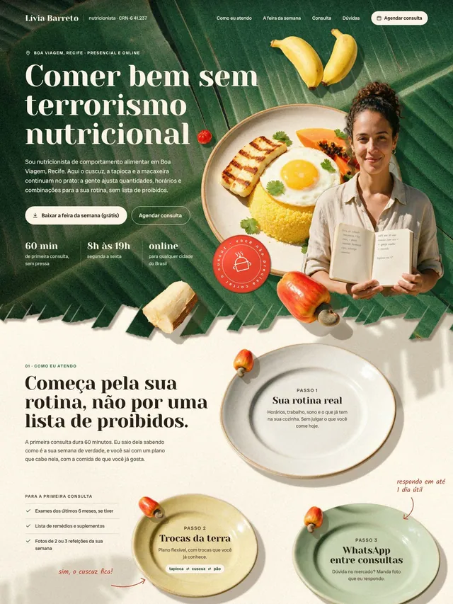 Landing page para nutricionista com guia gratuito da feira da semana, captura de leads e consulta (desktop e mobile)