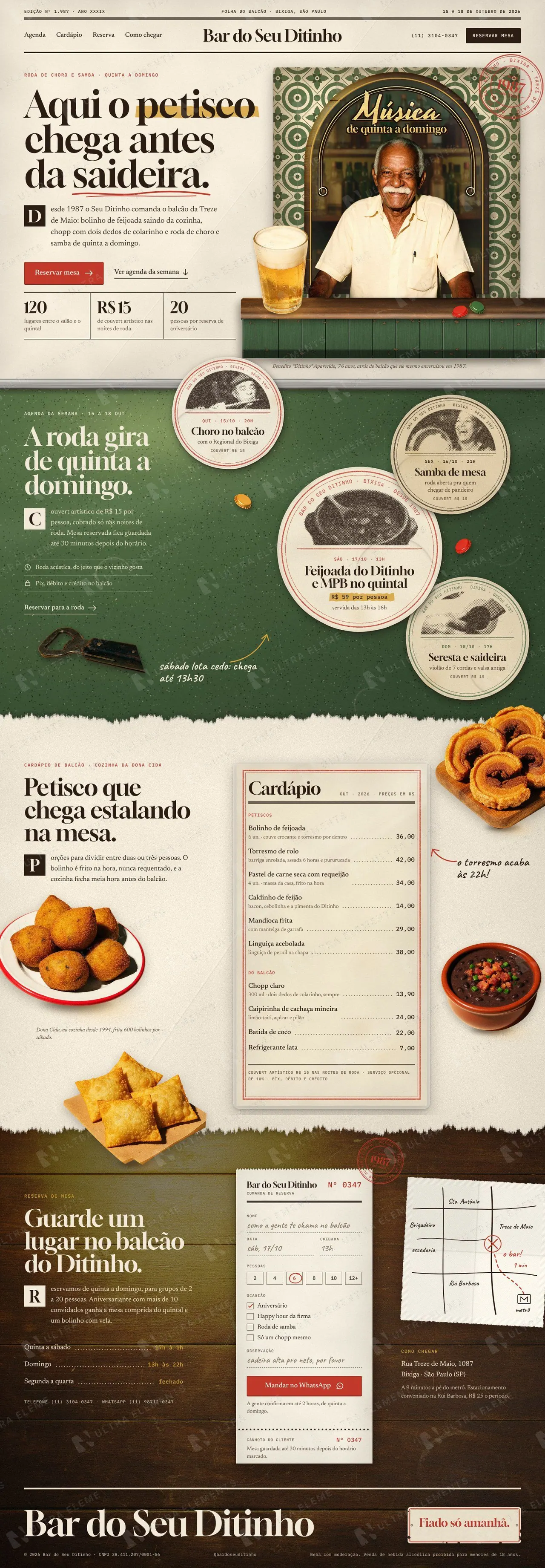 Landing page para boteco tradicional com agenda de música ao vivo, cardápio de petiscos e reserva de mesa (desktop e mobile) — imagem 1 de 8