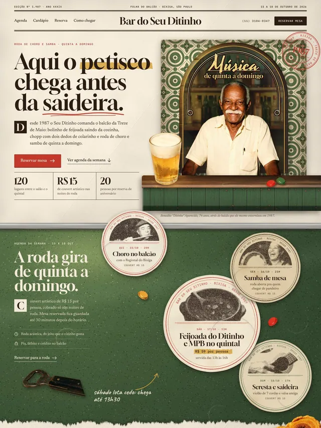 Landing page para boteco tradicional com agenda de música ao vivo, cardápio de petiscos e reserva de mesa (desktop e mobile)