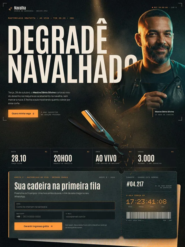 Landing page de masterclass gratuita ao vivo para escola de barbeiros com inscrição e contagem regressiva (desktop e mobile)