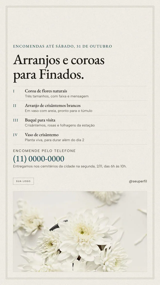 Story Arranjos e coroas para Finados: encomendas da floricultura até 31/10, foto clara e escura
