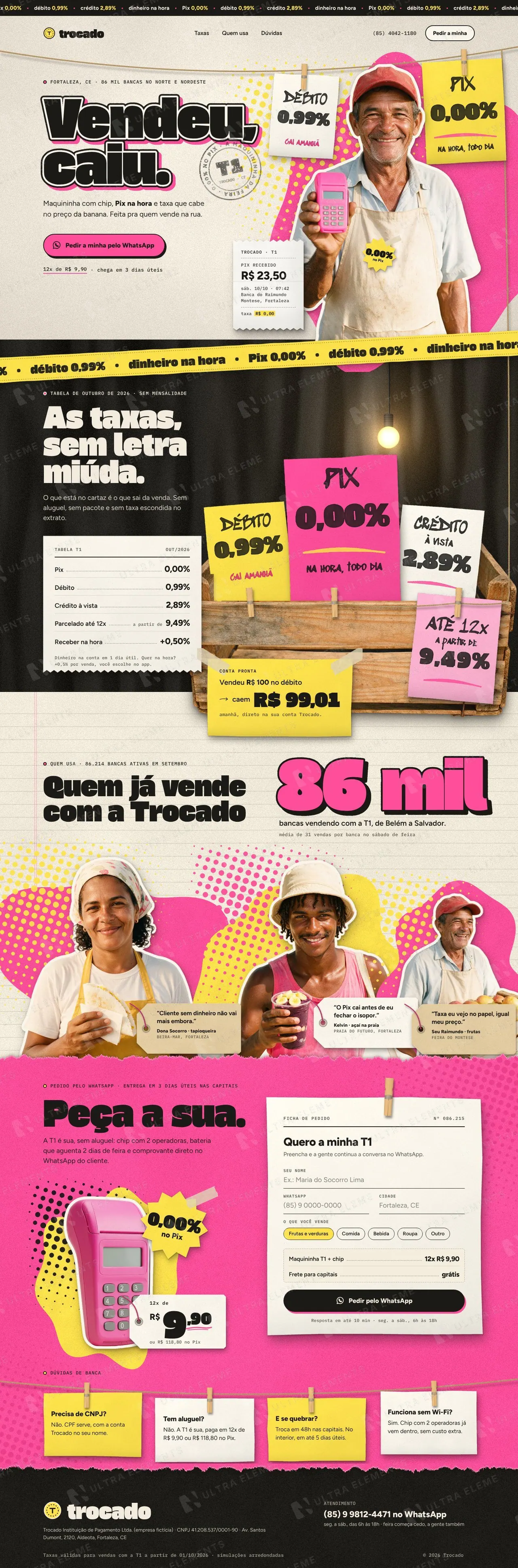 Landing page de fintech com maquininha e Pix para feirantes e ambulantes, taxas e pedido pelo WhatsApp (desktop e mobile) — imagem 1 de 7