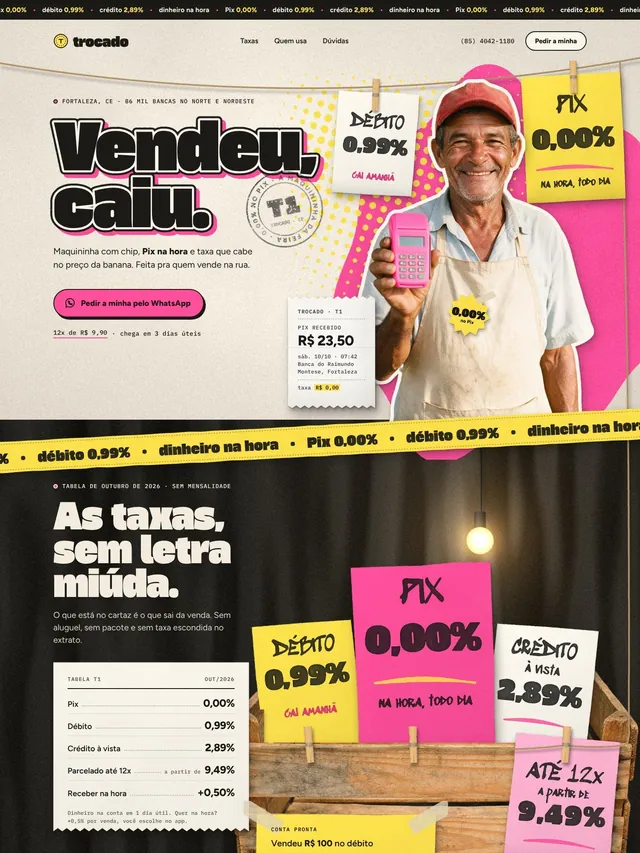 Landing page de fintech com maquininha e Pix para feirantes e ambulantes, taxas e pedido pelo WhatsApp (desktop e mobile)