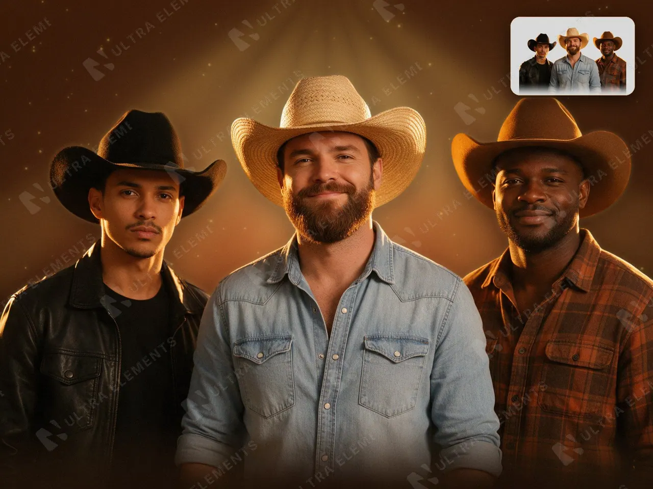 PNG trio sertanejo de chapéu recortado em grupo com contraluz de pôr do sol — imagem 1 de 3