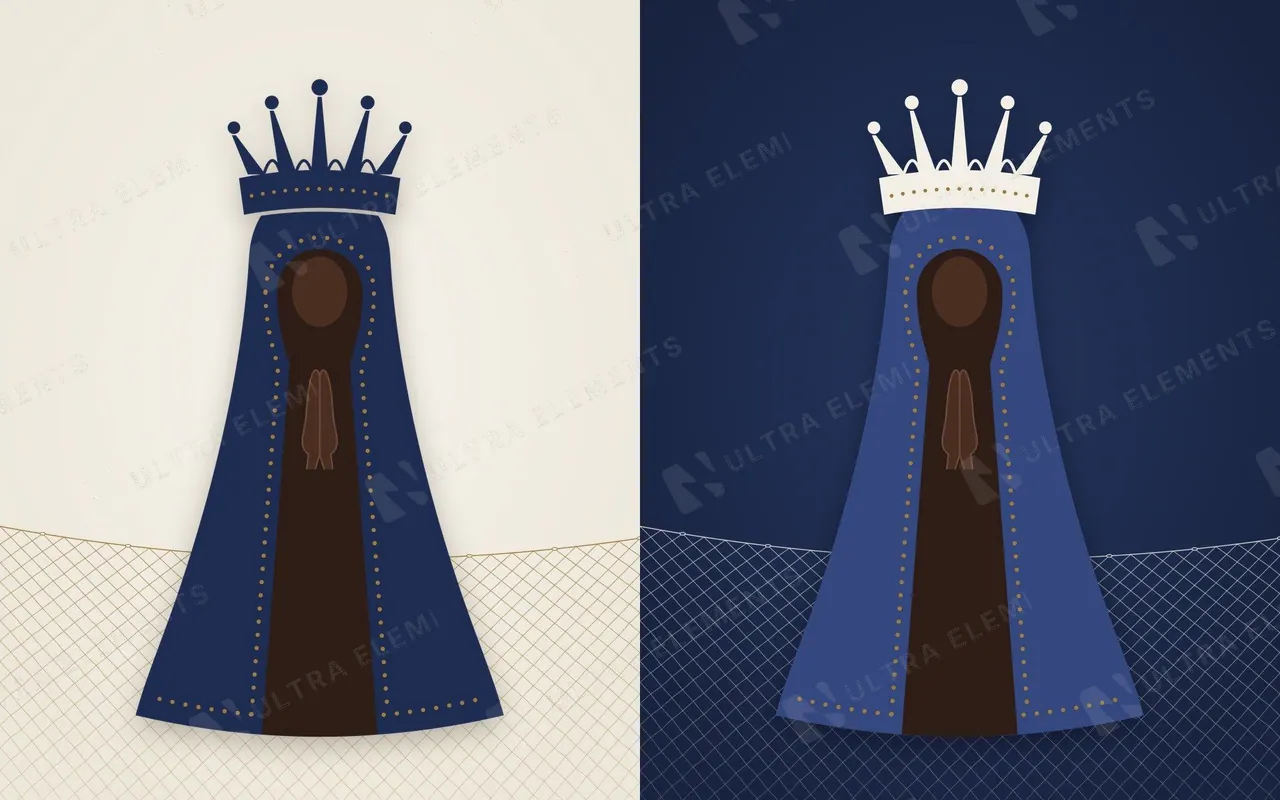 Nossa Senhora Aparecida em vetor: silhueta de manto azul, rede de pesca de 1717 e ícones de coroa e terço (PNG + SVG) — imagem 1 de 3
