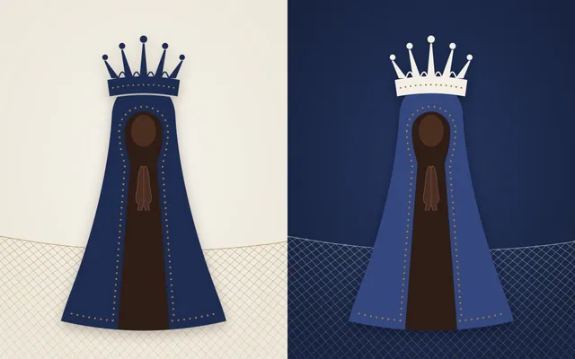 Nossa Senhora Aparecida em vetor: silhueta de manto azul, rede de pesca de 1717 e ícones de coroa e terço (PNG + SVG)