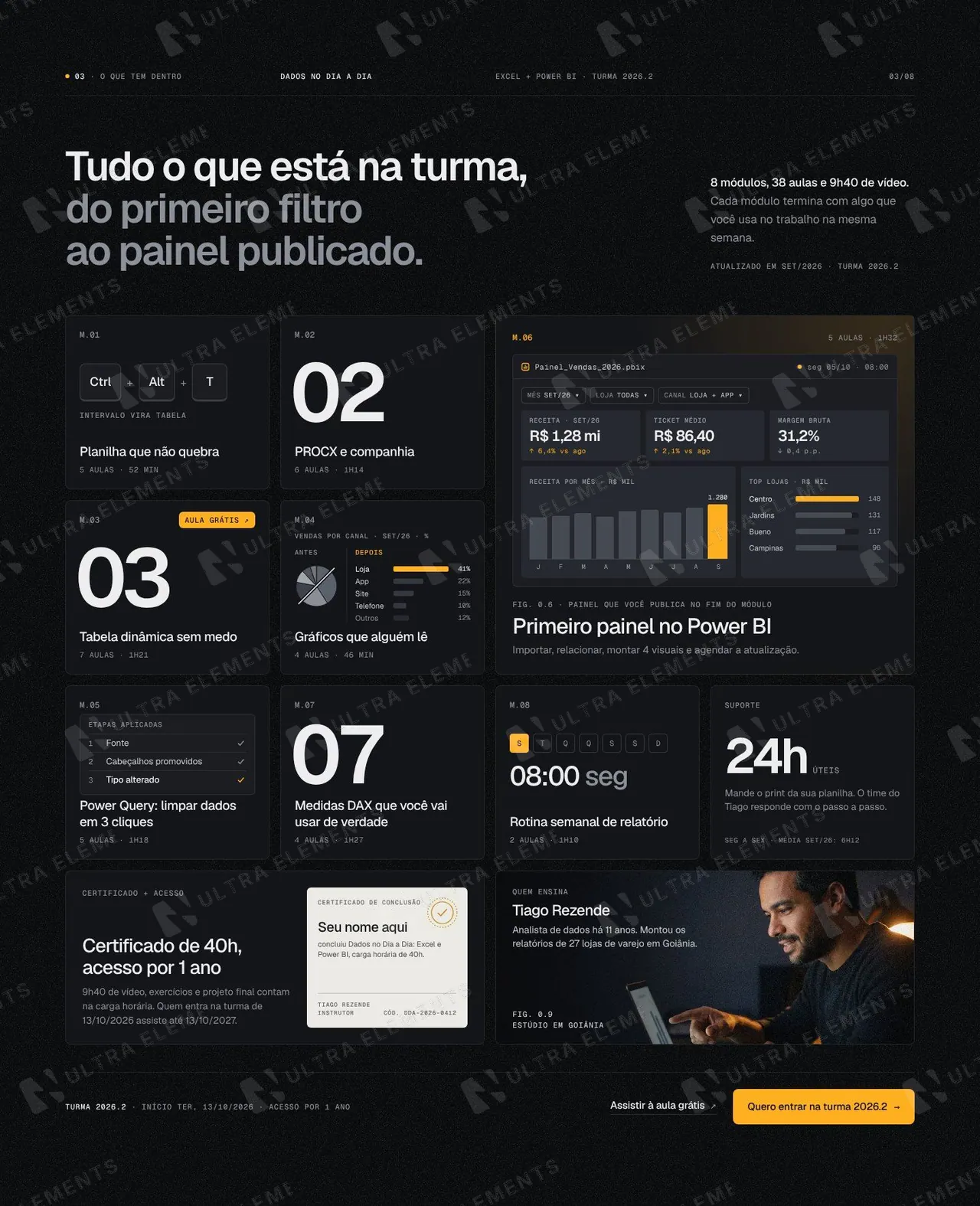 Seções de módulos: accordion numerado e grade bento com capas — imagem 1 de 7