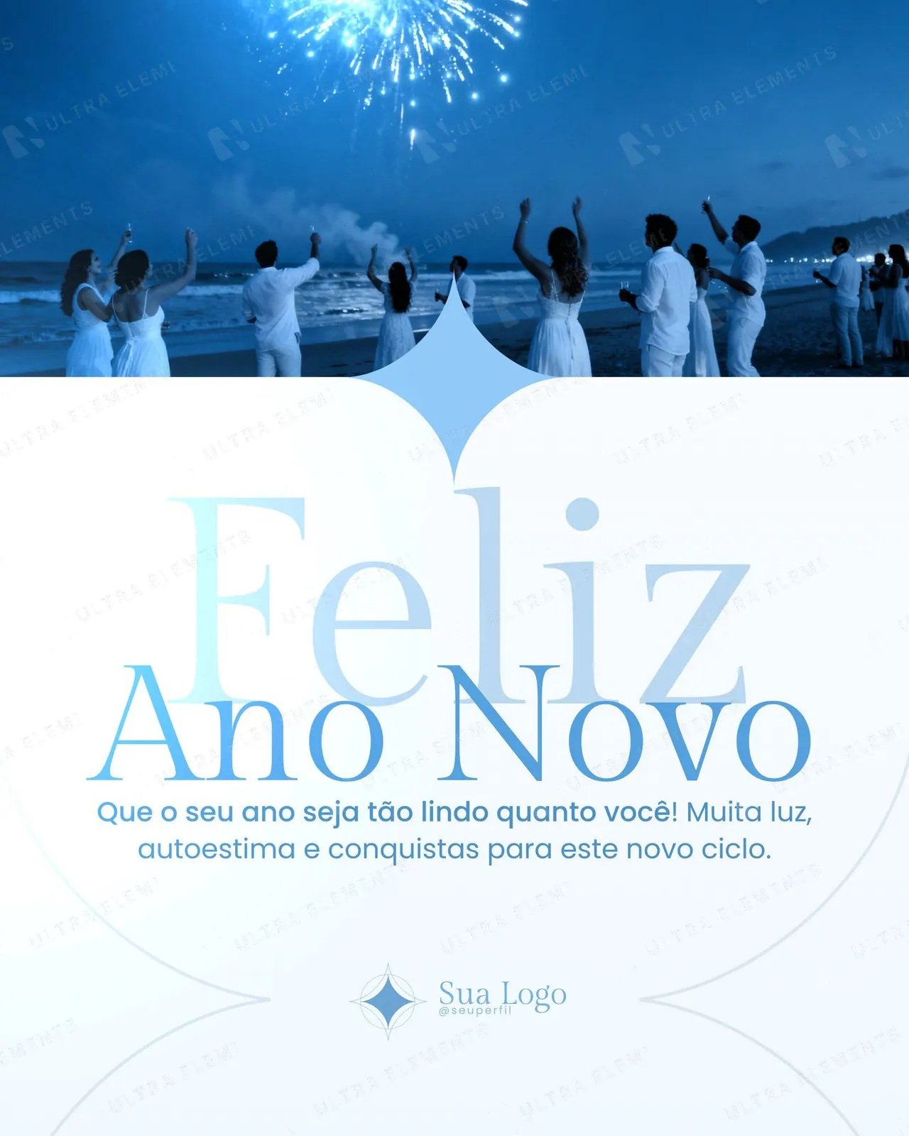 Post Feliz Ano Novo azul: brinde na praia com fogos (feed)