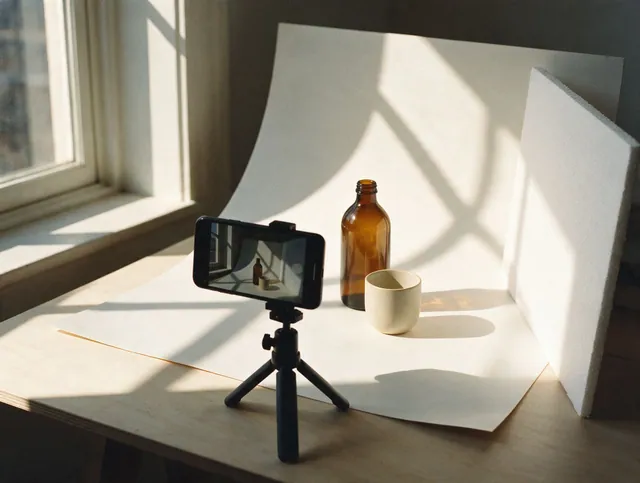 Mesa de foto de produto caseira com celular no tripé, frasco âmbar e luz de janela: foto IA