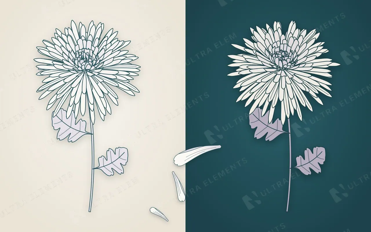 Crisântemo branco em traço para Finados: flor inteira clara e escura, detalhe e pétalas soltas (PNG + SVG) — imagem 1 de 3