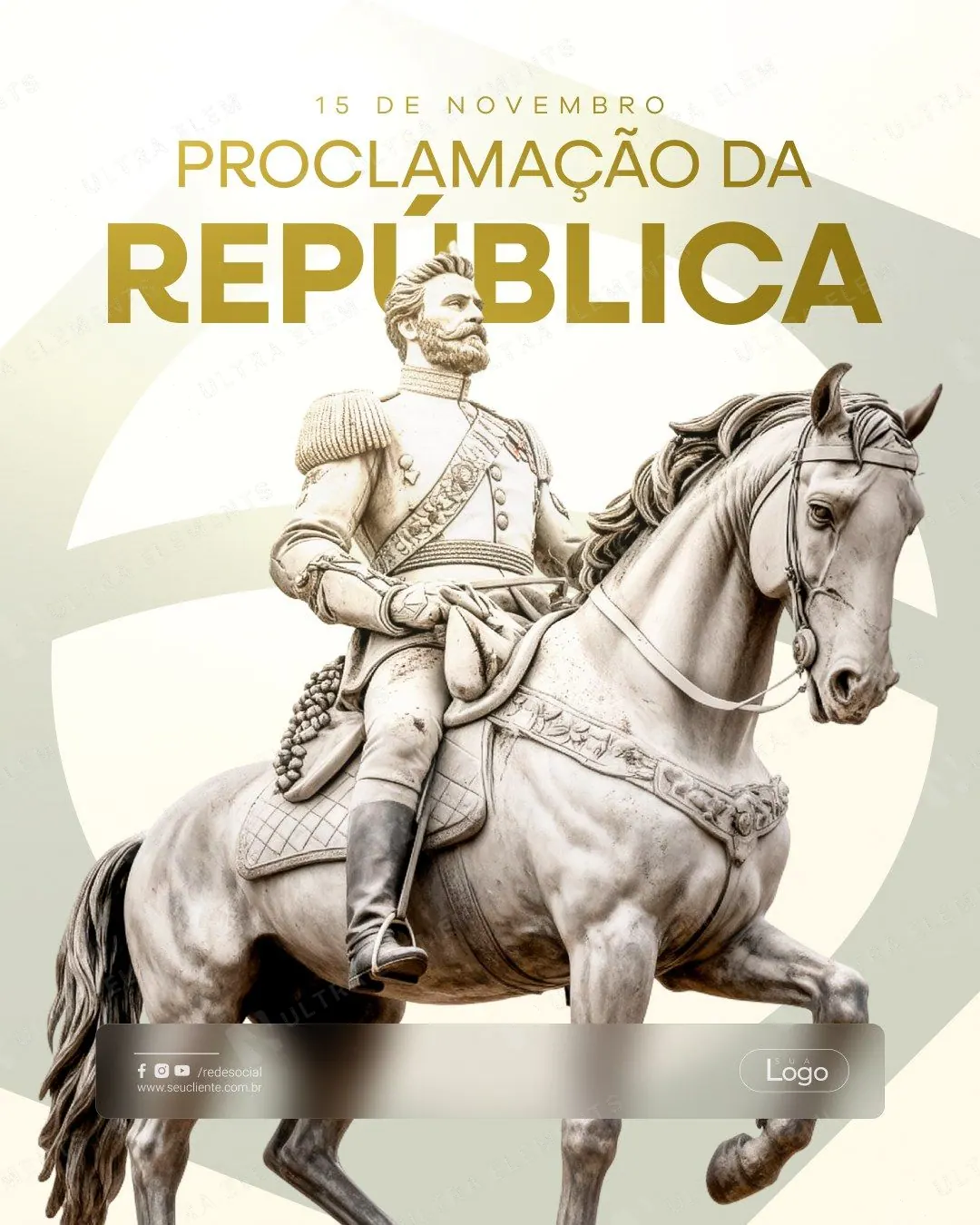 Post Proclamação da República: estátua equestre clara e título dourado (feed)