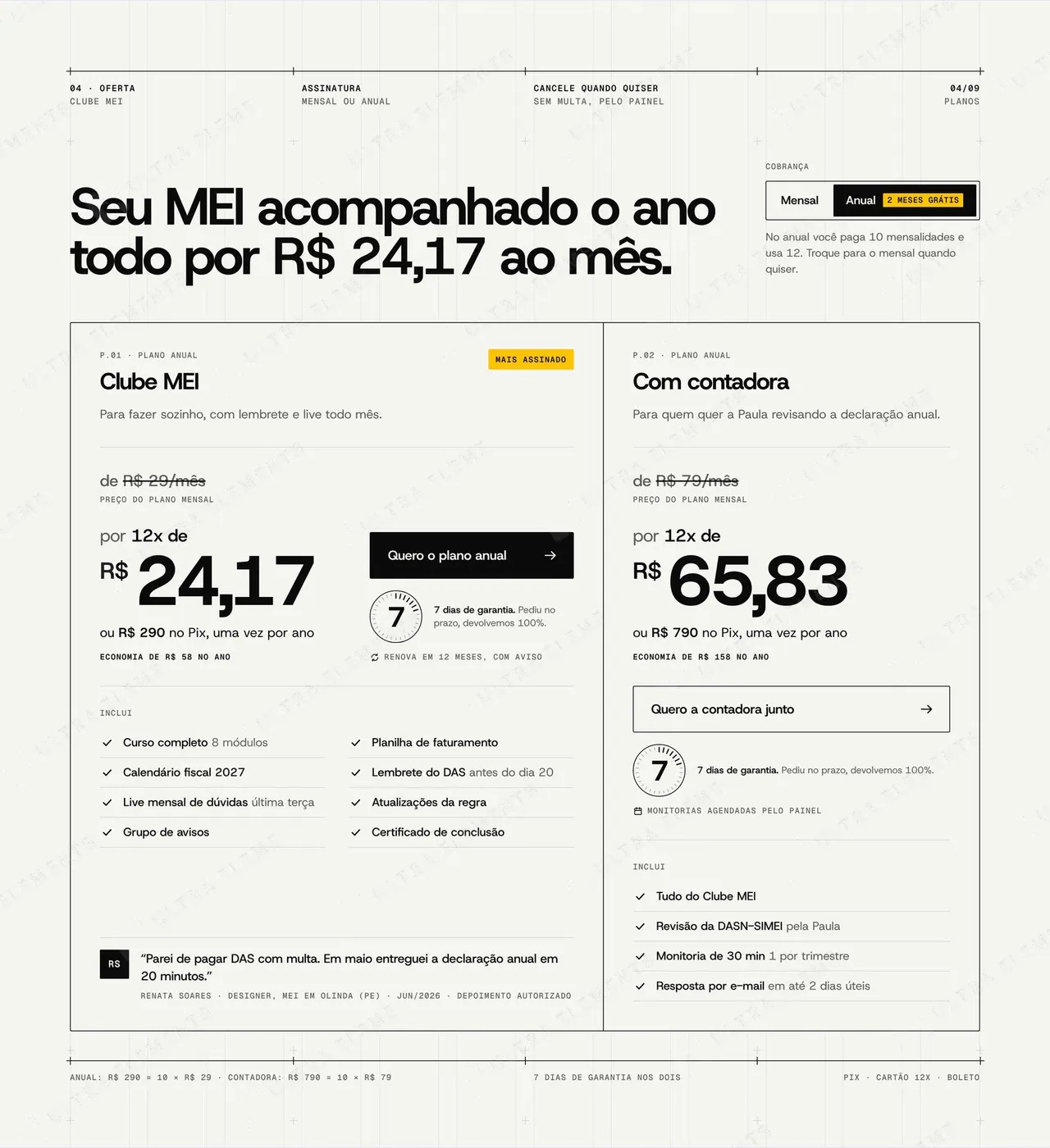 Seção de 2 planos suíça com toggle mensal/anual, preço em 12x e economia no ano — imagem 1 de 3