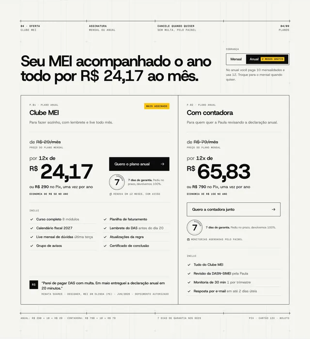 Seção de 2 planos suíça com toggle mensal/anual, preço em 12x e economia no ano