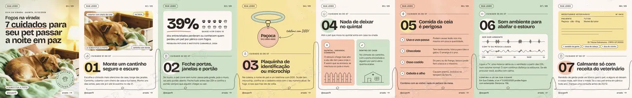 Carrossel pet “Fogos na virada: 7 cuidados para seu pet” em 9 slides pastel (4:5 e 3:4) — imagem 1 de 9