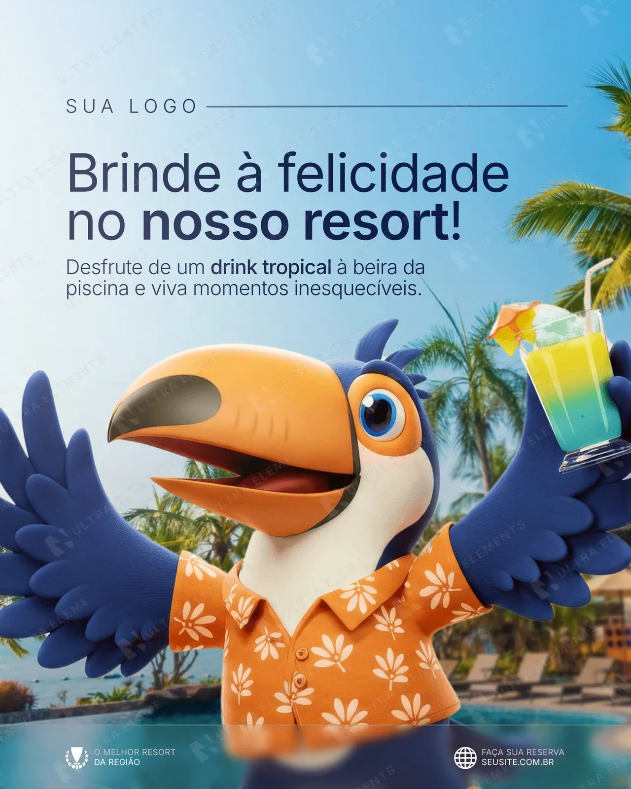 Post resort com mascote tucano 3D: brinde com drink na piscina (feed)