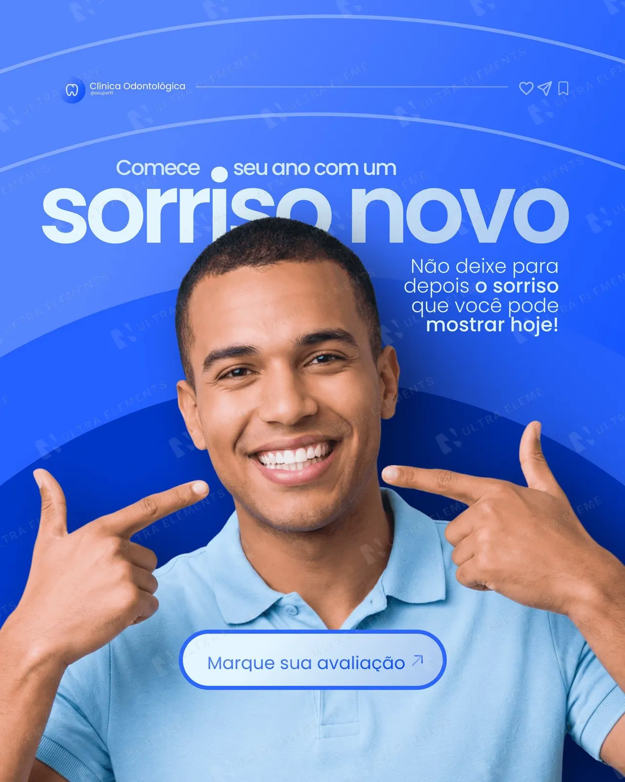 Post clínica odontológica: "Comece seu ano com um sorriso novo" com paciente sorrindo (feed)