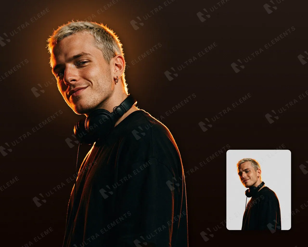 PNG DJ loiro com fone no pescoço recortado com contraluz laranja — imagem 1 de 3