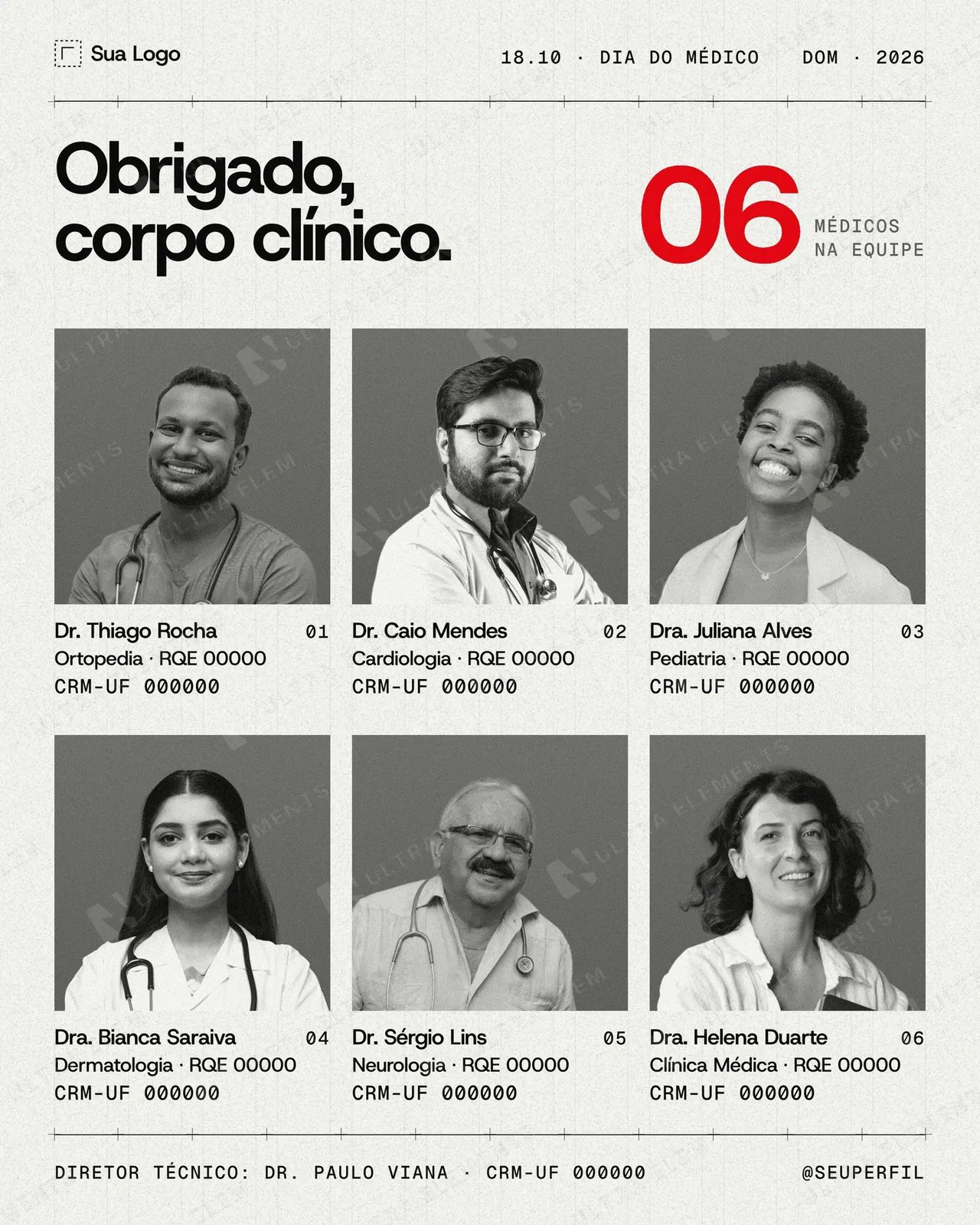 Post Dia do Médico 18/10: corpo clínico em grade de 6 retratos com CRM e RQE (feed e story) — imagem 1 de 4