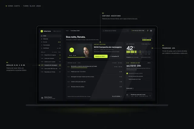 Mockup de área de membros no notebook com 3 callouts