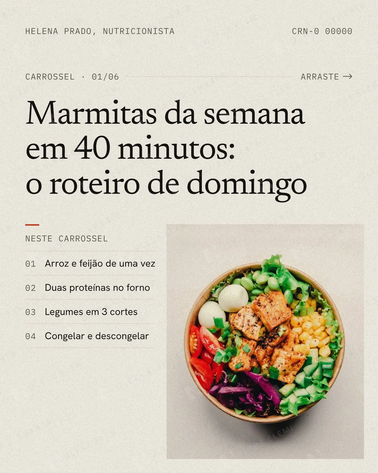 Capa de carrossel 4:5 para nutricionista estilo revista: marmitas da semana com foto e sumário — imagem 1 de 2