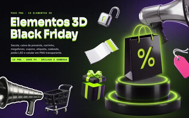 Elementos 3D Black Friday: sacola, caixa de presente, megafone halftone, cupom e pódio LED em PNG