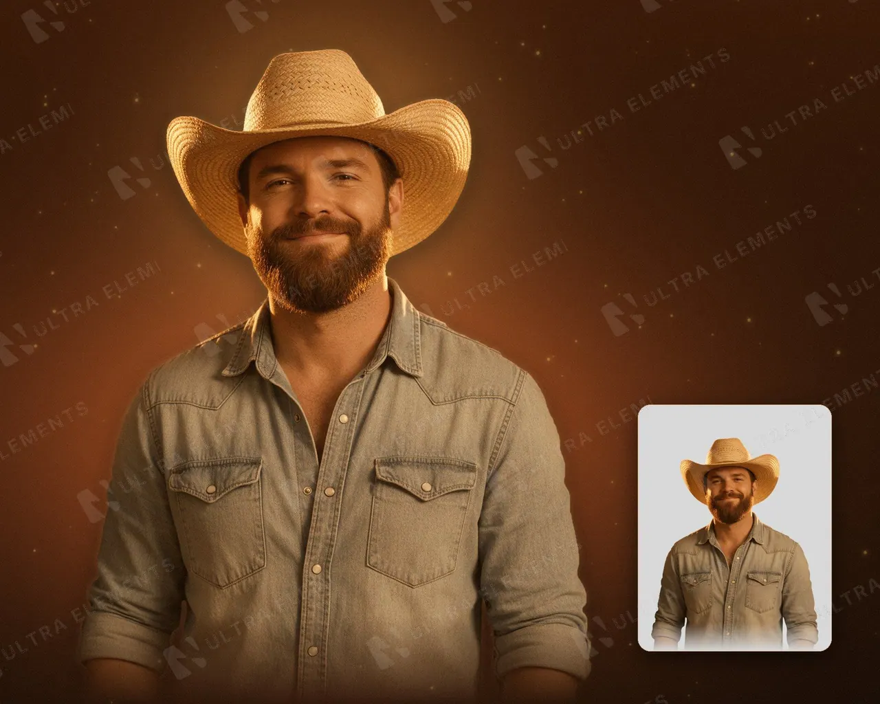 PNG cantor sertanejo de chapéu de palha e camisa jeans recortado — imagem 1 de 3