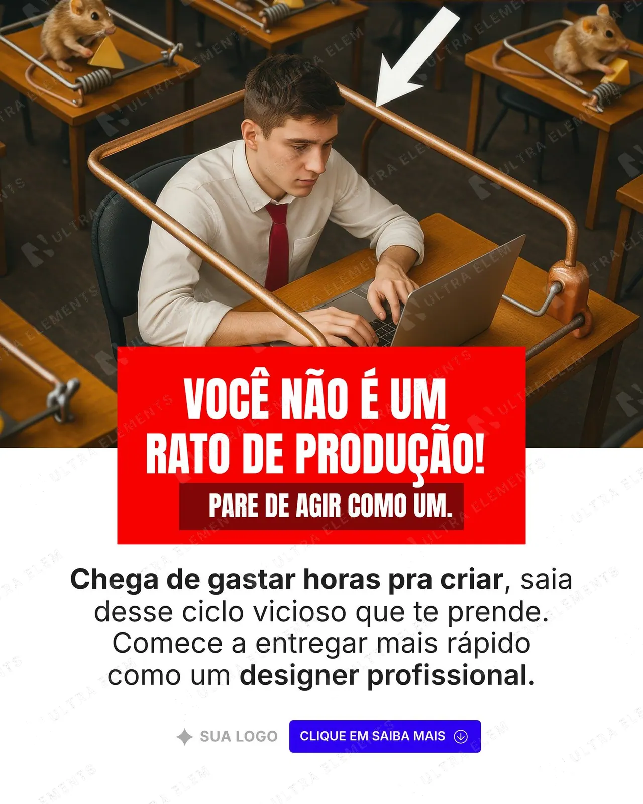 Anúncio de remarketing para infoproduto “Você não é um rato de produção” com foto conceitual (feed + story) — imagem 1 de 2