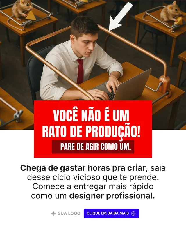 Anúncio de remarketing para infoproduto “Você não é um rato de produção” com foto conceitual (feed + story)