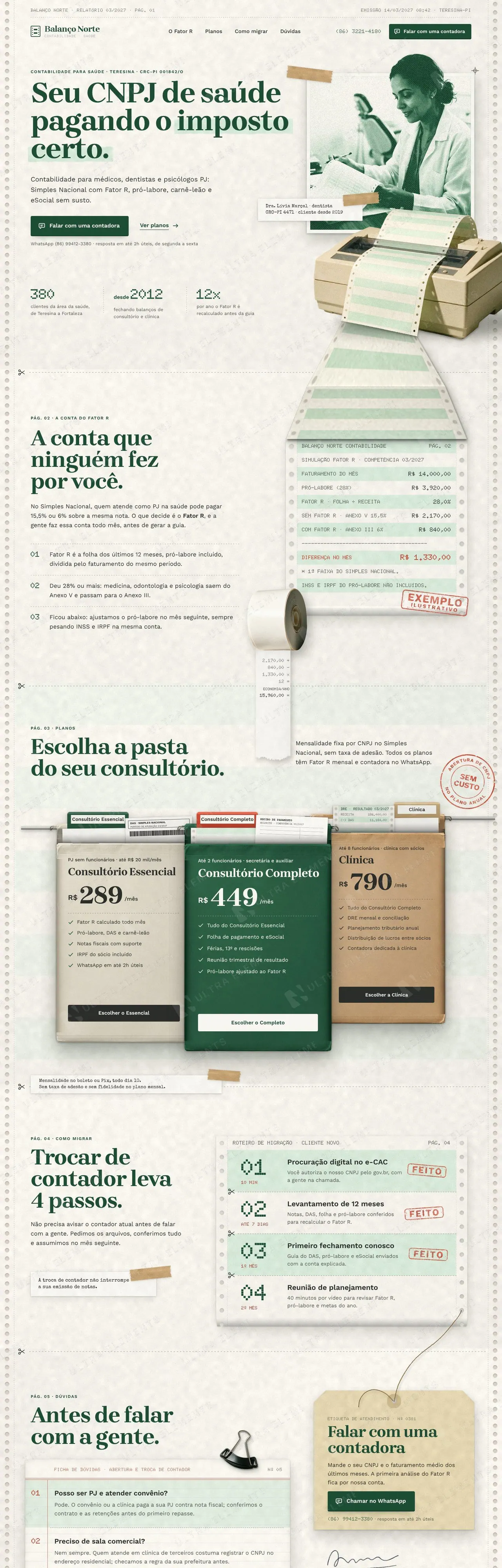 Landing page para contabilidade de médicos e dentistas PJ com simulação de Fator R e planos (desktop e mobile) — imagem 1 de 8