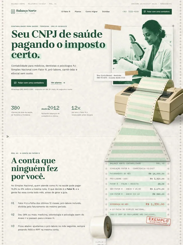 Landing page para contabilidade de médicos e dentistas PJ com simulação de Fator R e planos (desktop e mobile)