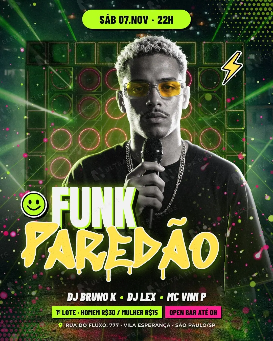 Funk Paredão: MC solo em P&B com luz neon diante do paredão de caixas com LED e asfalto molhado (feed + story) — imagem 1 de 4