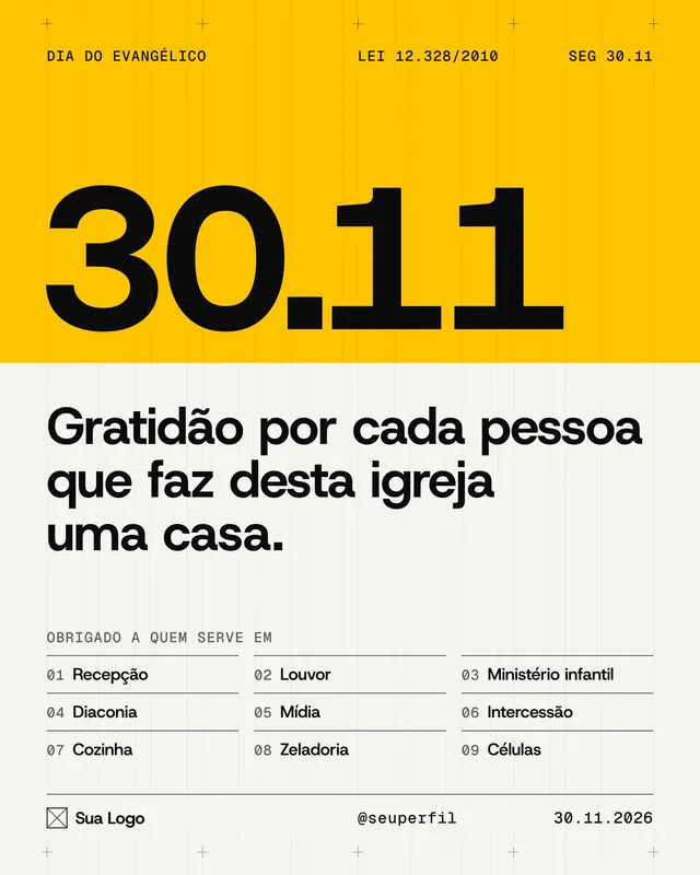 Post Dia do Evangélico 30/11: gratidão a quem serve nos 9 ministérios da igreja