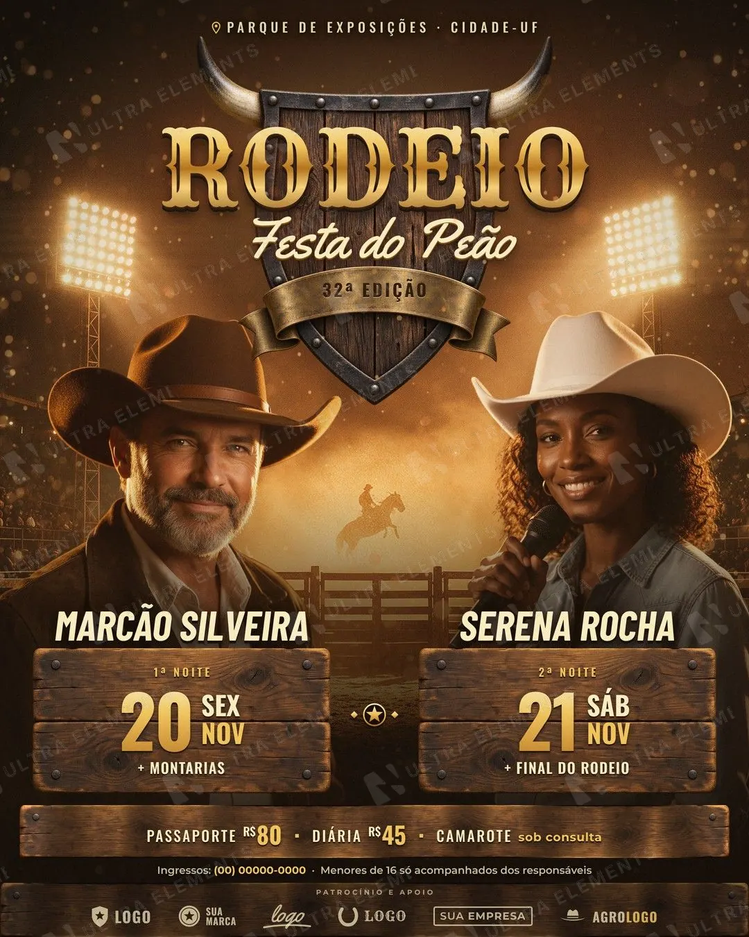 Rodeio e Festa do Peão 32ª edição: arena noturna com refletores, cavaleiro na poeira e 2 noites (flyer A5 + feed + story + banner) — imagem 1 de 5
